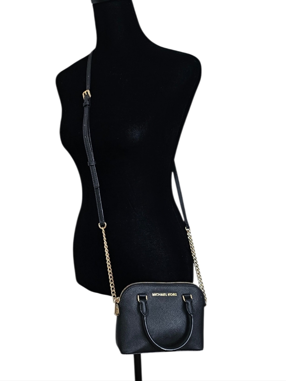 Michael Kors Black Saffiano Mini Dome Satchel Crossbody Gold Chain - Picture 6 of 13